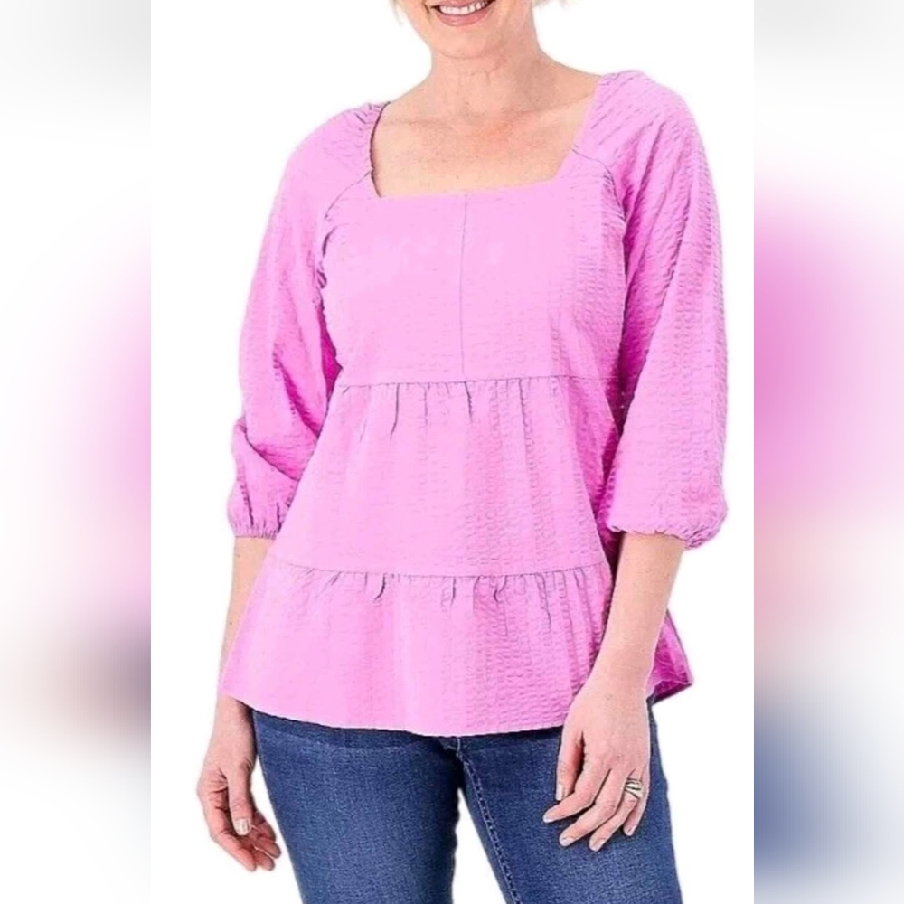 D&Co Women's Pink Tiered Square-Neck Top Size S